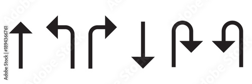 Set of black directional arrow icons including U turn, right turn, left turn, and straight arrows. Simple vector signs for traffic, navigation, and road directions
