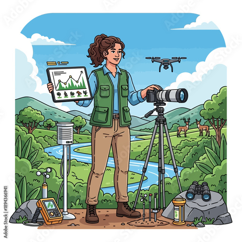 Female ecologist uses drone and camera for environmental research in nature