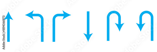 Set of black directional arrow icons including U turn, right turn, left turn, and straight arrows. Simple vector signs for traffic, navigation, and road directions