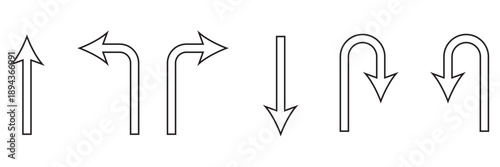 Set of black directional arrow icons including U turn, right turn, left turn, and straight arrows. Simple vector signs for traffic, navigation, and road directions