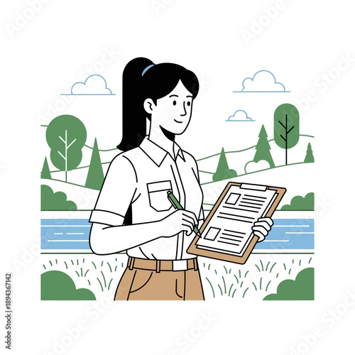 Woman ecologist with clipboard in nature landscape