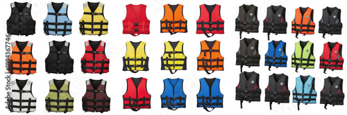 Quadro su tela Collection of colorful life jackets and safety vests for boating