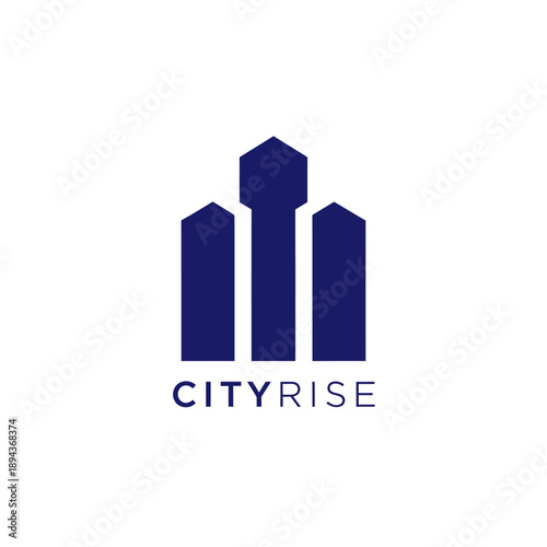 Minimalist navy blue skyscraper skyline icon for urban real estate development and modern property investment company logo design CITYRISE