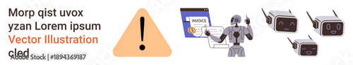 Automation, error messages, AI assistance, robotics, warnings, digital economy. Warning sign, robot interacting with invoice variations of robot faces. Automation and error messages concept