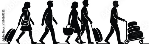 Vector illustration of a group of traveler people silhouettes walking in line with luggage, suitcases, and trolley isolated on a white background.