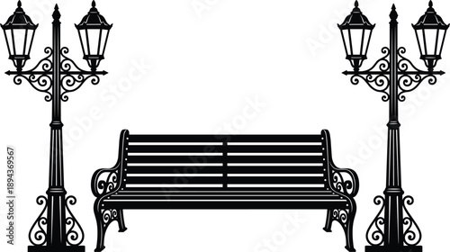 Vintage black silhouette park bench flanked by two ornate street lamps, classic garden furniture with wrought iron scrollwork, decorative outdoor vector illustration elements