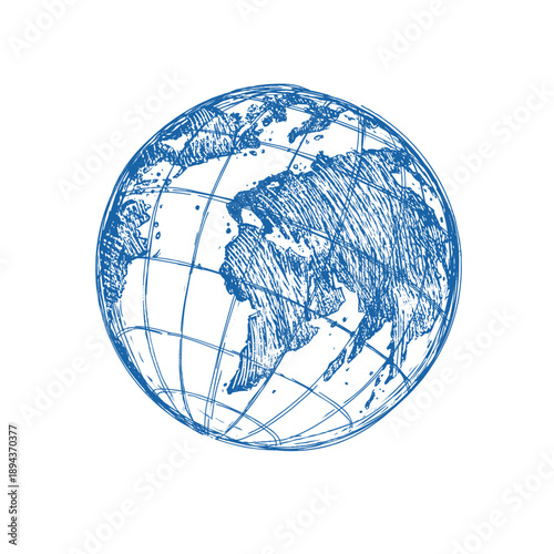 Globe sketch. Hand drawn earth planet with continents and oceans. Doodle world map vector illustration. Planet and world sketch map with ocean and land.