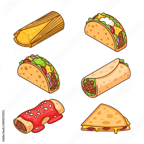 Assorted Mexican Food Icons: Tacos, Tamales, Enchiladas, Burrito, Quesadilla