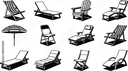 Beach chair vector set, outdoor lounge furniture icons, folding deckchair collection, summer vacation seating elements, poolside relaxation equipment, patio sunbed illustrations,