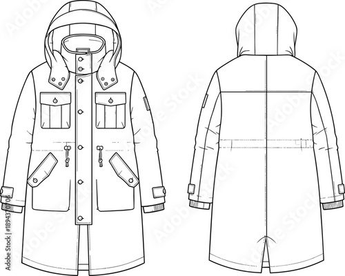 Winter parka coat technical sketch, front and back view, hooded jacket CAD drawing, fashion flat vector, garment blueprint illustration