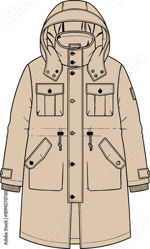 Winter parka jacket, hooded coat, technical flat sketch, outerwear CAD drawing, cold weather fashion, vector garment illustration