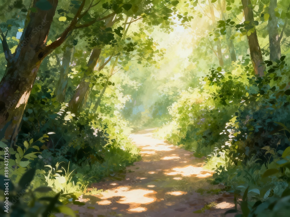Fototapeta premium Sunlit forest path winding through lush green trees and foliage