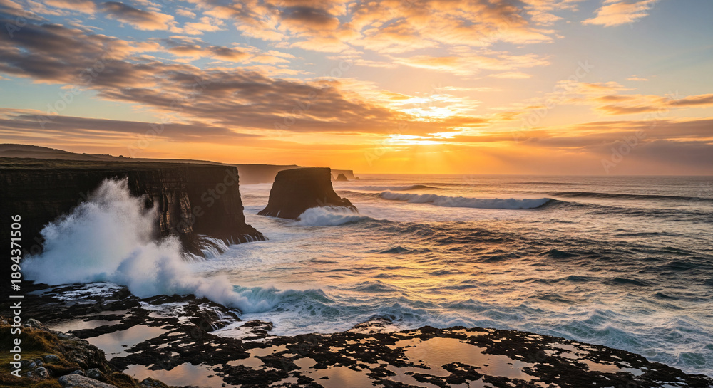 Obraz premium Dramatic sunset over ocean waves crashing against rugged cliffs.