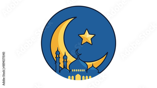 Islamic Crescent Moon and Star with Mosque Silhouette for Ramadan and Eid Celebrations