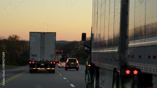 Driving close to semi trucks on the autumn evening highway. Wide POV wide shot shot. transportation, logistics, freight delivery, and commercial travel