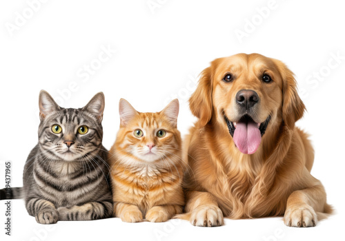 a grey tabby cat, fluffy ginger cat, and happy golden retriever dog lying side-by-side, all gazing directly at the camera on a transparent background, flat lay. concept of diverse pet harmony