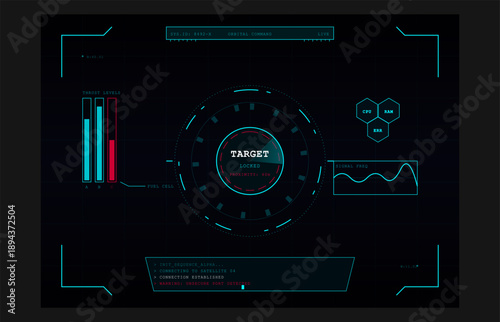 Futuristic HUD interface with target lock system, biometric analytics and data visualization, sci-fi flat design control panel for cybersecurity, AI monitoring and high-tech digital dashboard