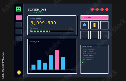 Game dashboard UI with player stats, score counter, inventory and performance charts, futuristic flat design interface for gaming HUD, esports analytics and interactive digital control panel