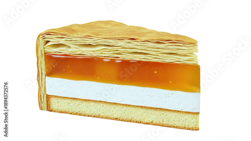 Slice of layered dessert with cream, caramel, and puff pastry