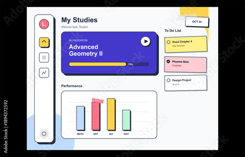 Education dashboard UI design for online learning with course progress, performance chart and to-do list, modern flat student app interface for e-learning, study planning and productivity