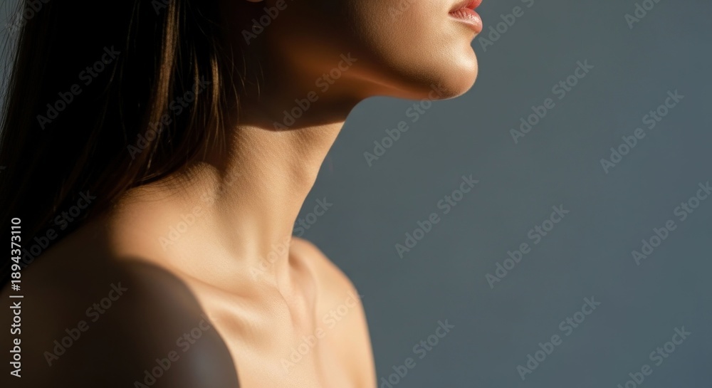 Fototapeta premium Woman's neck and chin in natural light, bare shoulder