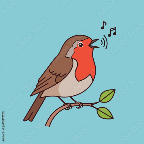 Robin Bird Singing on Branch