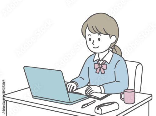 パソコンでオンライン授業を受ける女子中学生の学習イラスト
