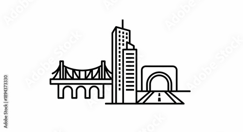 Modern City Infrastructure Featuring a Suspension Bridge, Tall Skyscrapers, and a Road Leading into a Tunnel
