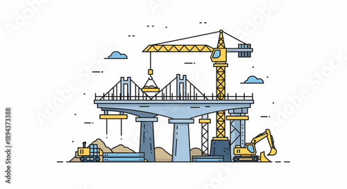 Modern Bridge Construction Site with Heavy Machinery, Towering Crane, and Excavator, Illustrating Civil Engineering Development