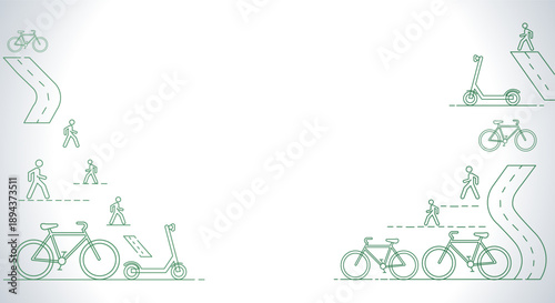 Diverse transportation options shown with icons for cycling, walking, and electric scooters on roads