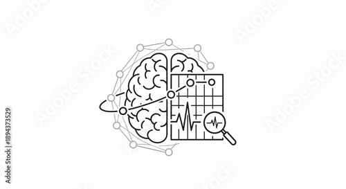 Brain Data Analysis with Network and Magnifying Glass Icon