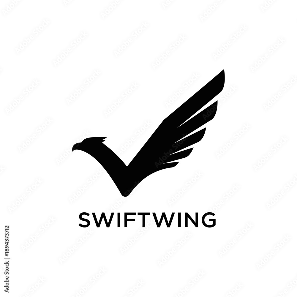 Obraz premium Black eagle bird head with wing shaped like a check mark icon for fast delivery service or airline agency identity logo SWIFTWING
