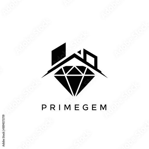 Elegant diamond gem under a house roof and building icon for luxury real estate and premium property agency logo design PRIMEGEM