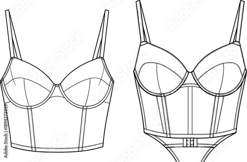 Bustier top, bodysuit design, lingerie sketch, underwire support, adjustable straps, fashion flat, garment CAD, vector illustration, structured fit, technical drawing