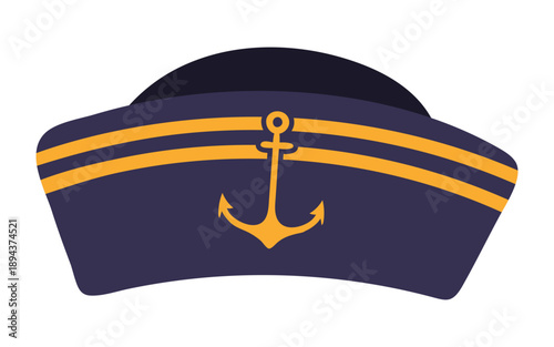 Sailor hat, cap isolated isolated on transparent background. Hand drawn flat vector illustration. Kids nautical design clip art, accessory, naval uniform, clothes element