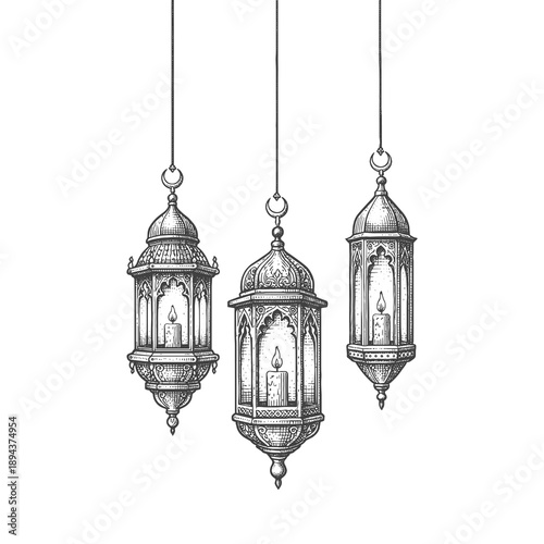 Vintage Islamic Lantern Engraving Illustration for Idul Fitri, Ramadan Hanging Lamps Line Art