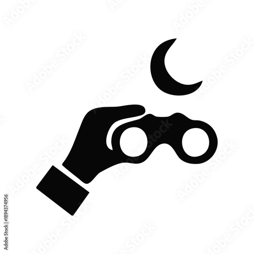 Night Sky Observation Icon featuring a Hand with Binoculars and a Crescent Moon, depicting Exploration and Discovery in a minimalist, round-edged vector style