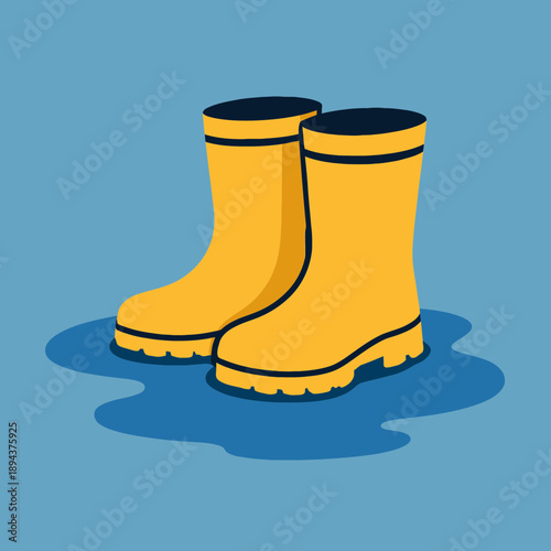 Rain Boots with Water Puddle Flat Vector