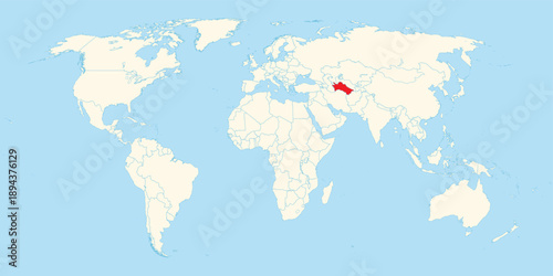 Turkmenistan territory highlighted in red on a minimalist world map for geographical and educational purposes