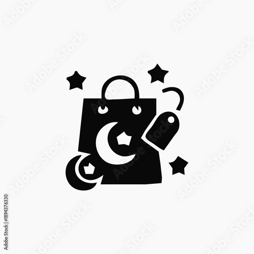 Minimalist icon of a shopping bag adorned with crescent moon and stars, featuring a price tag, representing festive promotions, special deals, and seasonal shopping opportunities