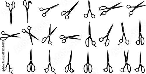 Scissors Silhouette Collection Featuring Multiple Cutting Tools And Angles, Minimal Black Vector Illustration Set For Office Supplies, Crafting, Sewing, Tailoring And Design Projects