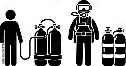 Scuba diver equipment silhouette showing oxygen tanks breathing apparatus and safety gear black vector illustration isolated on white background for underwater diving education design projectsScuba 