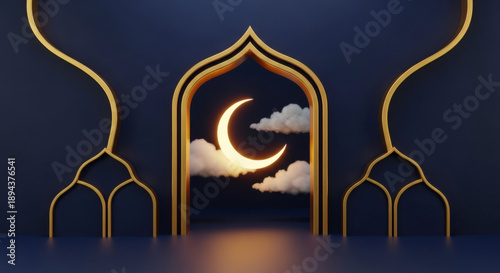 Luxury Gold Islamic Arch with Crescent Moon for Ramadan Eid Hari Raya Aidilfitri, Dark Blue Celebration Concept