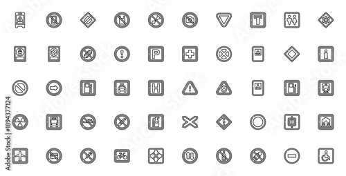 Signals and Prohibitions icon set. Vector symbols pack including wet floor, no smoking, parking, hospital, warning signs and more. Editable stroke.