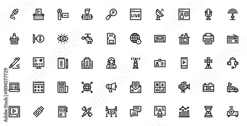 News icon set. Vector illustration pack. Includes microphone, camcorder, newspaper, live broadcast, reporter, smartphone, camera drone and more. Editable stroke.