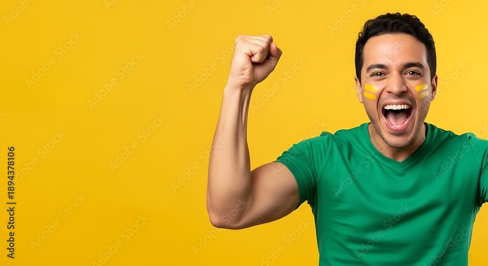 Fototapeta premium One handsome young guy standing isolated in a casual shirt with an angry face expression, screaming and shouting while making a victory hand gesture like a successful winner celebrating success