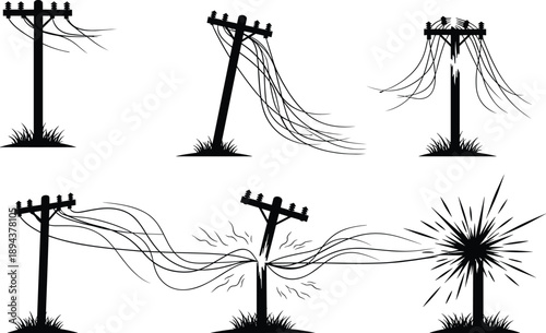 Electric utility pole failure silhouettes with tangled and broken wires illustrating storm damage, power outage and electrical hazard isolated on white background