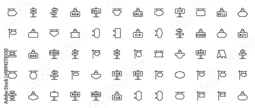 Shop Sign Icon Set 1914. Vector Signboard Collection. Includes Road Signs, Sale, VIP, Food, Pub, Menu, Billboard, Wayfinding & Direction Symbols. Editable Stroke.