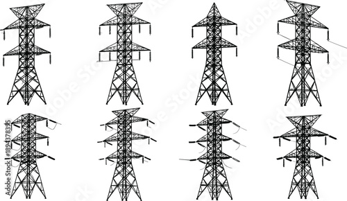 Set of high voltage power transmission tower silhouettes showcasing diverse electricity pylon designs for modern energy infrastructure projects