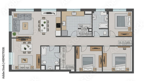 Modern Apartment Floor Plan Layout with Four Bedrooms and Open Concept Living Area
